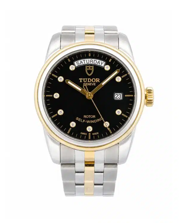 Tudor Glamour 56003 39mm 18ct Yellow Gold bezel an crown, gold and steel bracelet, black dial with diamond hour markers.