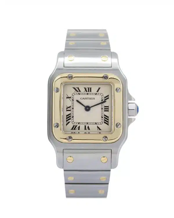 Cartier Santos Galbée Ref. 1567 luxury wristwatch, measuring 24mm × 35mm, featuring the iconic rounded-square Santos case, Roman numeral dial, blue hands and signature exposed screws on the bezel.