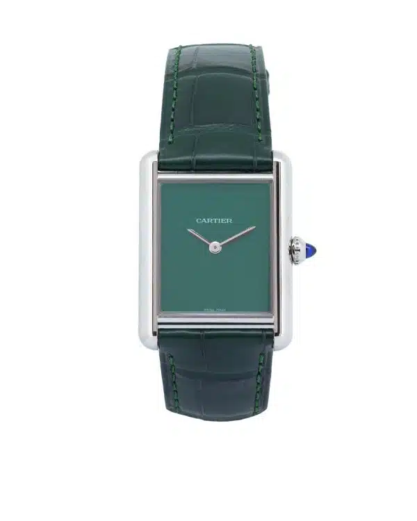 Cartier Tank Must WSTA0115 luxury watch featuring a polished stainless steel rectangular case, green lacquered dial without numerals, silver sword-shaped hands, cabochon crown, and matching green alligator leather strap.